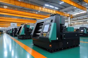 Modern industrial machines operating in factory setting photo