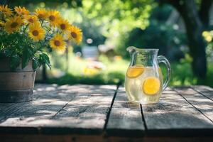 Refreshing lemonade in glass pitcher on rustic wooden table in blooming summer garden photo