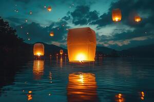 Sky lanterns floating on water at night reflecting on calm lake surface photo