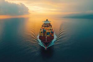 Large container ship sailing on open ocean at sunset photo