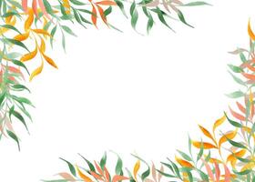 Abstract watercolor colorful leaf branches rectangle frame. Green, orange foliage illustration with copy space for text. Horizontal floral border for greeting cards, invitation, birthday decor vector