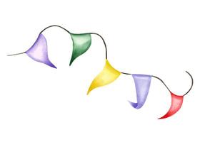 Waving yellow, green, purple, red triangular flags on black string watercolor illustration. Festive classical flag in pennant shape for holiday, party decoration, greeting card, invitation design vector