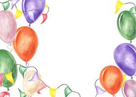Watercolor colorful balloons with flag garlands horizontal frame. Celebrate illustration with empty space for text. For Save the date, Valentines day, birthday and mothers day cards, invitation vector