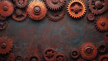 Rusty gears and cogwheels creating a steampunk border on metallic background photo
