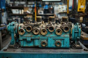 Old rusty engine block sitting on metal table in workshop photo