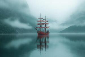 Red sailing ship floating on calm water with misty mountains in background photo
