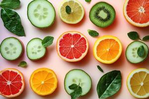 Sliced citrus fruits, kiwi and cucumber beautifully arranged on pink background photo