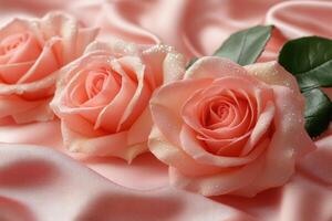 Pink roses lying on elegant satin drapes creating romantic atmosphere photo