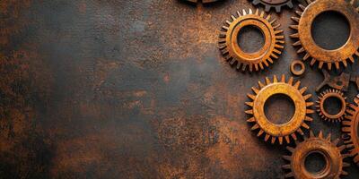 Rusty gears creating a frame on a metallic background photo