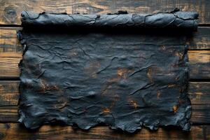 Black empty parchment scroll on wooden table background representing history and mystery photo