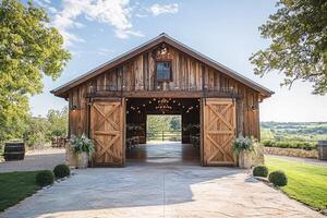 Rustic barn wedding venue showing rolling hills scenery with open doors and string lights photo
