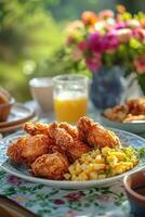 Crispy fried chicken wings served with potato salad during an outdoor brunch photo