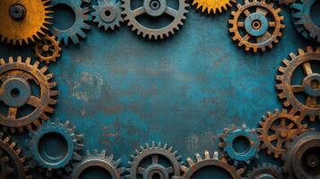 Rusty gears creating a frame on metallic background with copy space photo