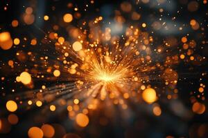 Golden sparkles exploding from the center on dark background photo