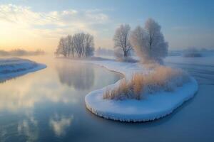 Frozen river bends around snowy island at dawn photo
