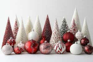 Red and white christmas ornaments and trees creating festive holiday scene photo