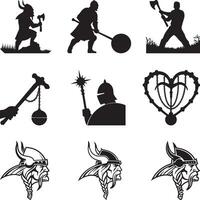 Editable silhouettes of a viking raiding party, helmet and Flail weapons as separate objects vector