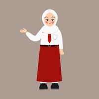 Illustration of pretty girl wearing indonesian elementary school with open hand pose vector