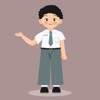 Illustration of boy wearing indonesian senior high school student with open hand pose vector