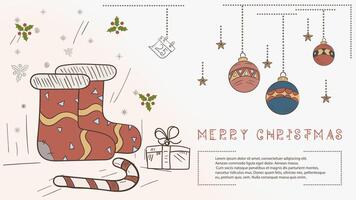 Christmas colored contour illustration in the style of childrens doodles with the text Lorem Ipsum Knitted warm socks with candy vector
