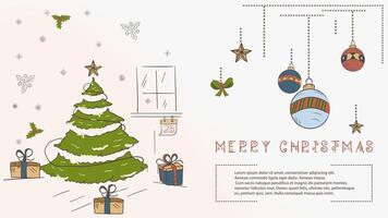 Christmas colored contour illustration in the style of childrens doodles with the text Lorem Ipsum, a festive fir tree and a number of gifts vector