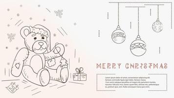 Christmas contour illustration in the style of childrens doodles with the text of Lorem Ipsum a bear toy in a Santa hat vector