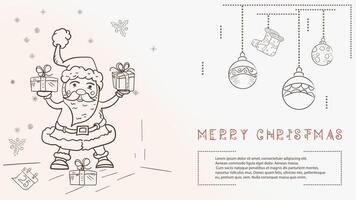 Christmas contour illustration in the style of childrens doodles with the text of Lorem Ipsum Santa Claus Holding boxes with gifts vector
