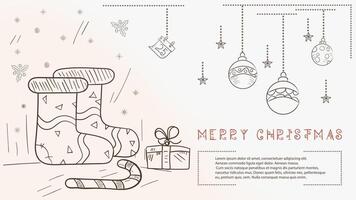 Christmas contour illustration in the style of childrens doodles with the text Lorem Ipsum Knitted warm socks with candy vector