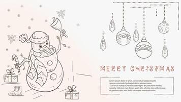 Christmas contour illustration in the style of childrens doodles with the text Lorem Ipsum The Snowman rings the Christmas bell vector