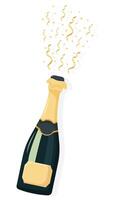 champagne open bottle with golden confetti flat illustration isolated on white background vector