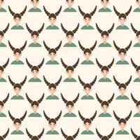 Brunette Happy Girl Kid Character Avatar Seamless Pattern Background. Positive Smiling Funny Face Portrait. Happy Birthday Party Wallpaper or Wrapping Paper Print. Joyful Child Fabric vector