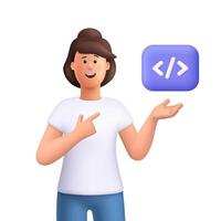 Young smiling woman Jane pointing to programming code symbol. Girl programmer. Web development, programming language and coding concept. 3d people character. Cartoon minimal style. vector