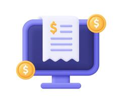 Computer with cash receipt and coins. Business and finance, online payment and banking, invoice bill, transaction concept. 3d icon. Cartoon minimal style. vector