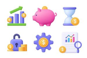 Graph, piggy bank, hourglass, lock, gear, file, coin. Finance 3d icon set. Cartoon minimal style. vector