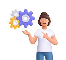 Smiling woman Jane pointing to configuration setting gears or cogwheels. Strategic thinking, system processes, problem solution concept. 3d people character. Cartoon minimal style. vector