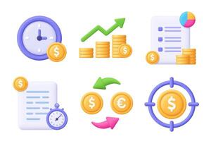 Watch, coin, coin stack, file, diagram, graph. Finance 3d icon set. Cartoon minimal style. vector