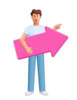 Young smiling man James holding direction arrow banner and pointing right up. 3d people character. Cartoon minimal style. vector