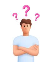 Confused man James standing with crossed arms pose with red question mark, thinking of a solution. Choice, problem solving concept. 3d people character. Cartoon minimal style. vector