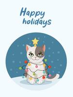 Christmas card with cat, kitten. Happy holidays. Greeting concept. Ideal for print, postcard or label. New Year card. illustration on a white background. vector