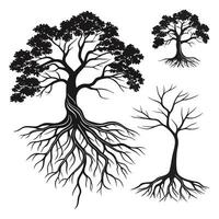 Set of Trees with roots silhouette illustration. vector