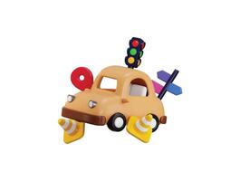 Car with traffic light, road direction and road cone icon 3d rendering illustration vector