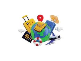 3d airplane with small island icon on suitcase, globe icon, beach hat and Floating lifebuoy with passport icon 3d Render concept of Travel icon design, Holiday or vacation Transportation vector