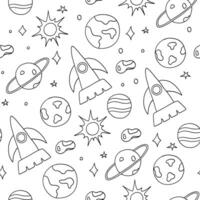 Kids space seamless pattern with planets and rocket in hand drawn doodle style vector