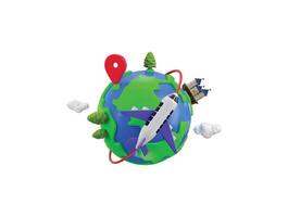 3d Travel icon on airplane icon with globe icon and pinned by location icon concept of Holiday or vacation Transportation icon vector
