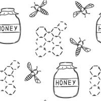 Seamless pattern of bee and honeycomb in doodle style. illustration vector