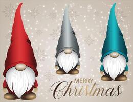 Three cute gnomes in red, silver and blue with snowflake background. vector