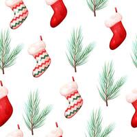 Seamless pattern of cozy Christmas socks and fir tree branch vector