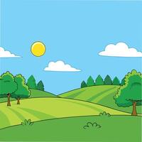 Cartoon illustration of a sunny day with rolling green hills, trees, and fluffy white clouds in a bright blue sky. Simple, idyllic scenery. vector