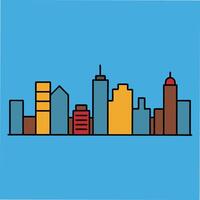 A simplified, colorful illustration depicts a city skyline with various building heights and colors against a light blue background. The style is minimalist and geometric. vector