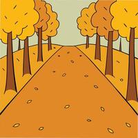 A cartoon illustration depicts a path lined with golden autumn trees. Scattered leaves adorn the orange road leading into the distance, creating a picturesque fall scene. vector